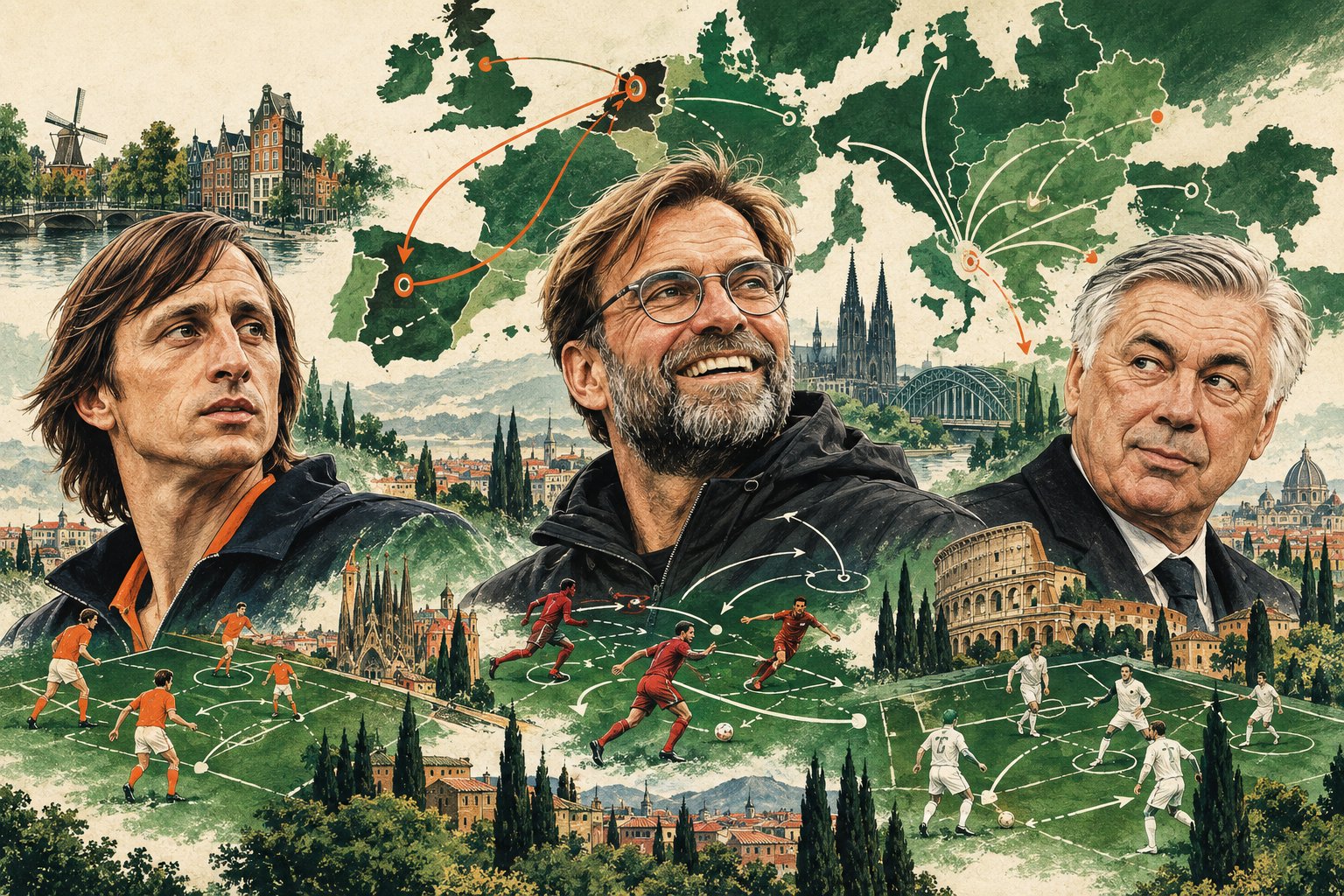 Cruyff, Klopp and Ancelotti over a map of Europe