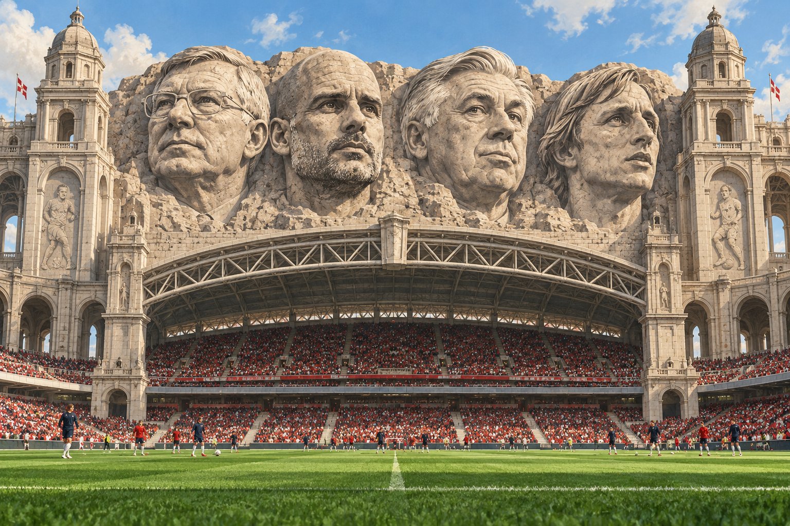 Ferguson, Guardiola, Ancelotti and Cruyff carved in stone above a stadium