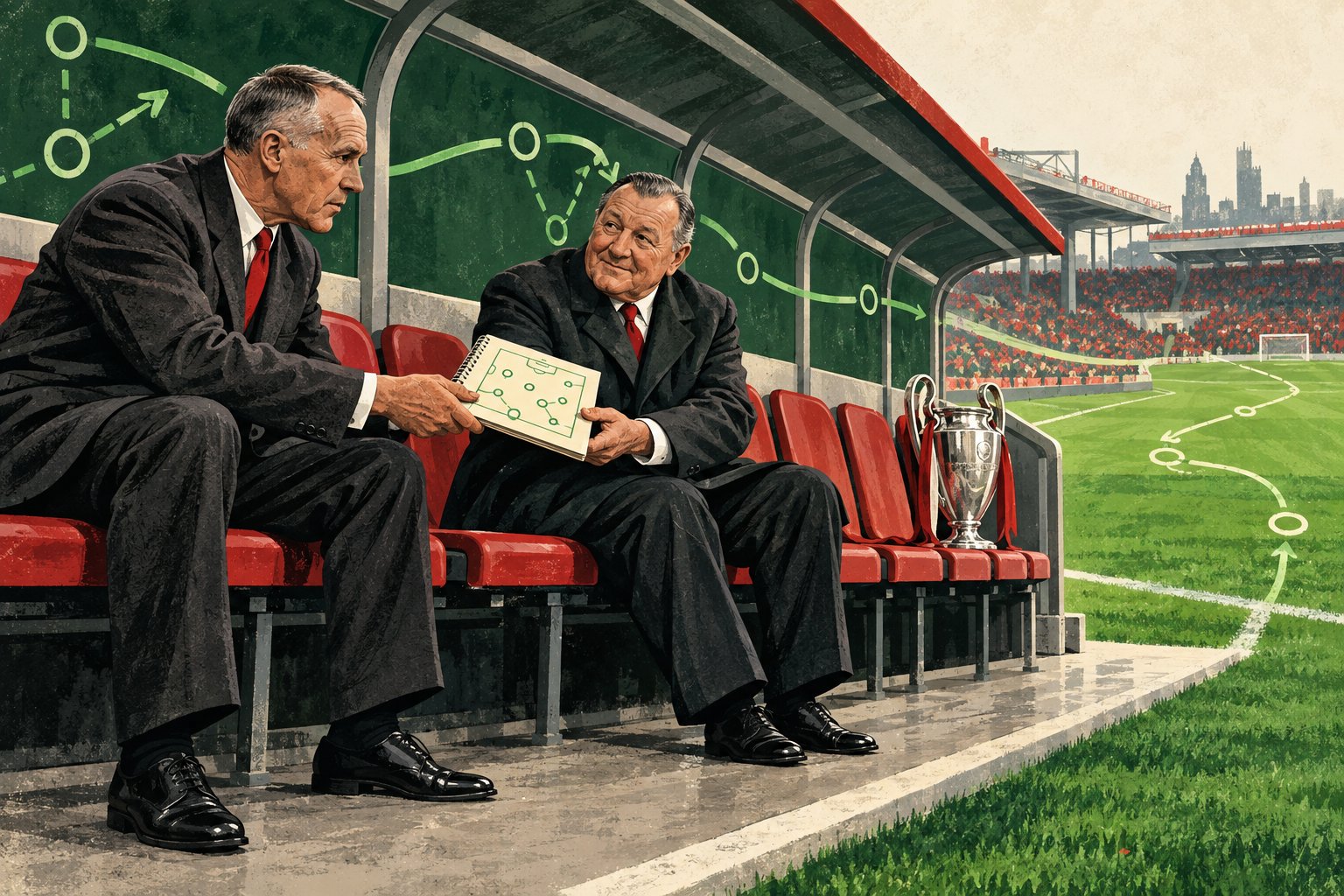 Two managers on the bench, one handing a notebook of tactics to the other
